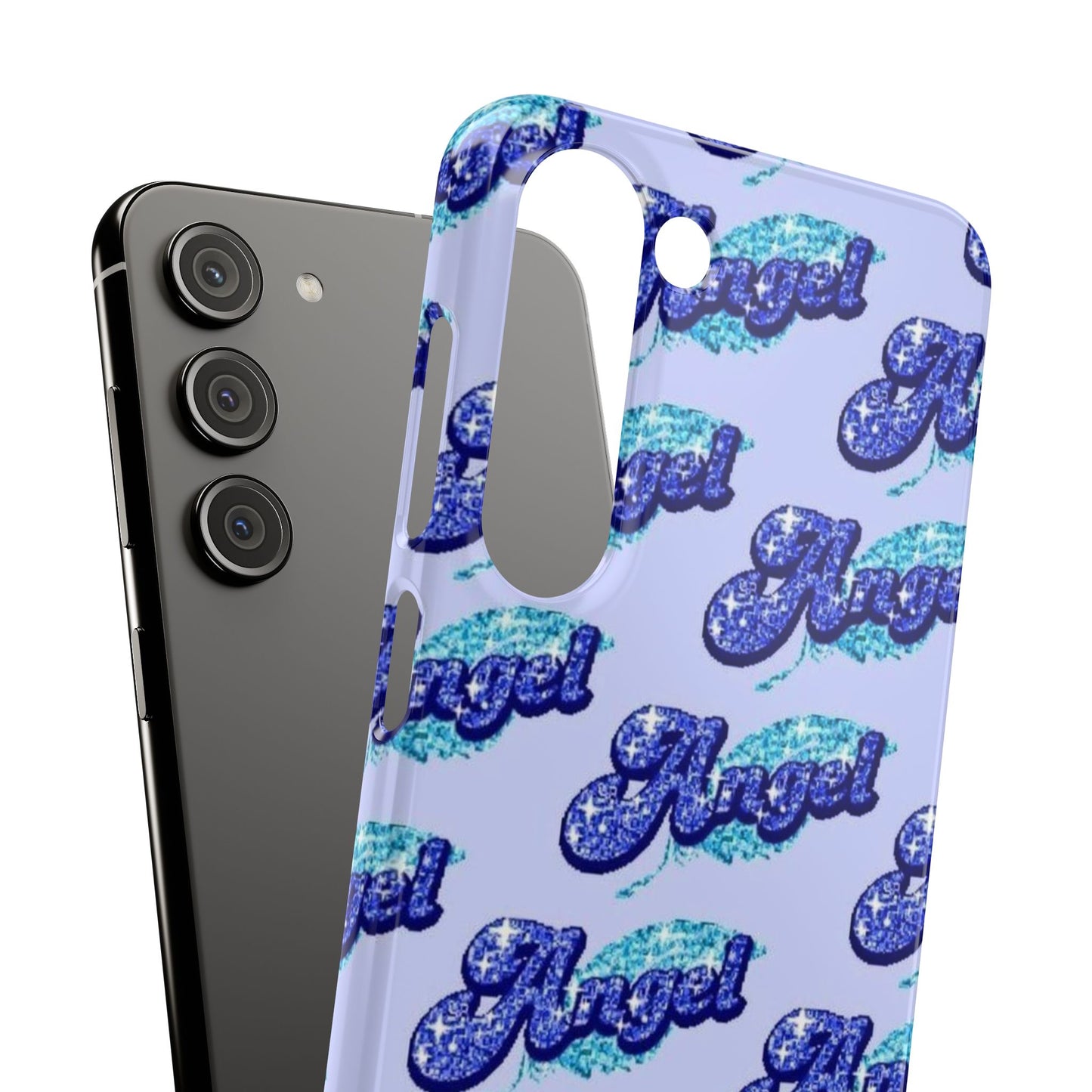 blue 'ANGEL' bubble lettering phone case