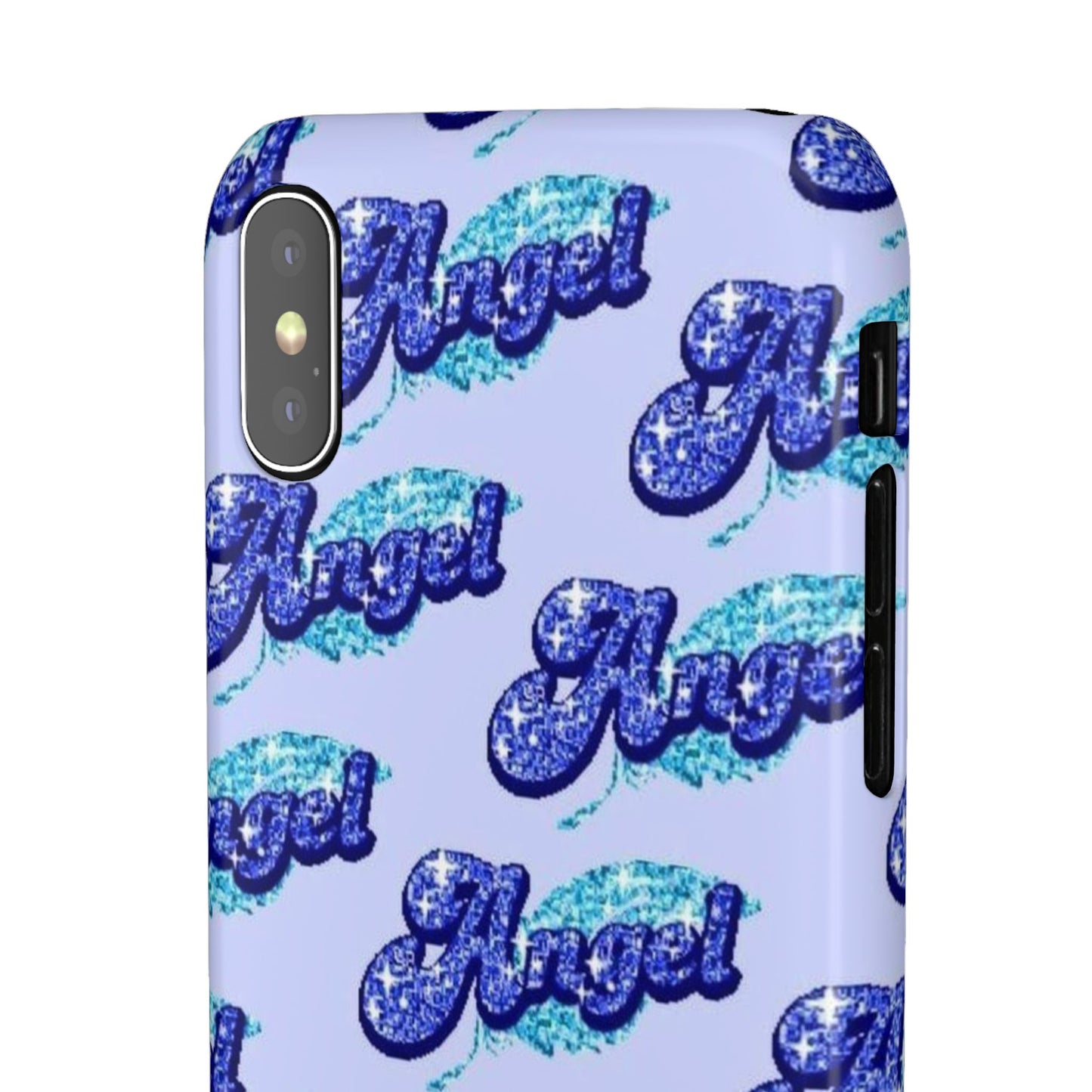 blue 'ANGEL' bubble lettering phone case