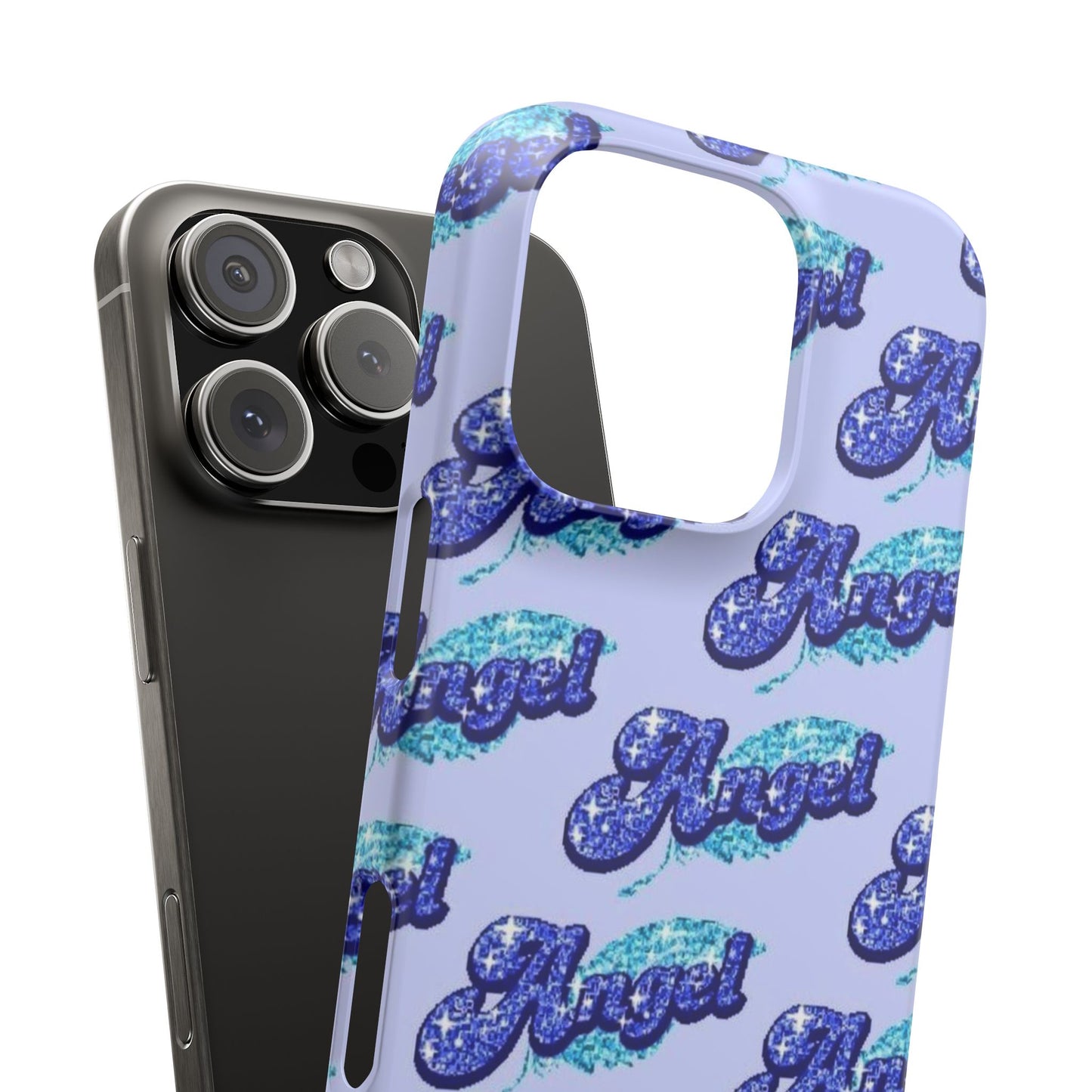 blue 'ANGEL' bubble lettering phone case