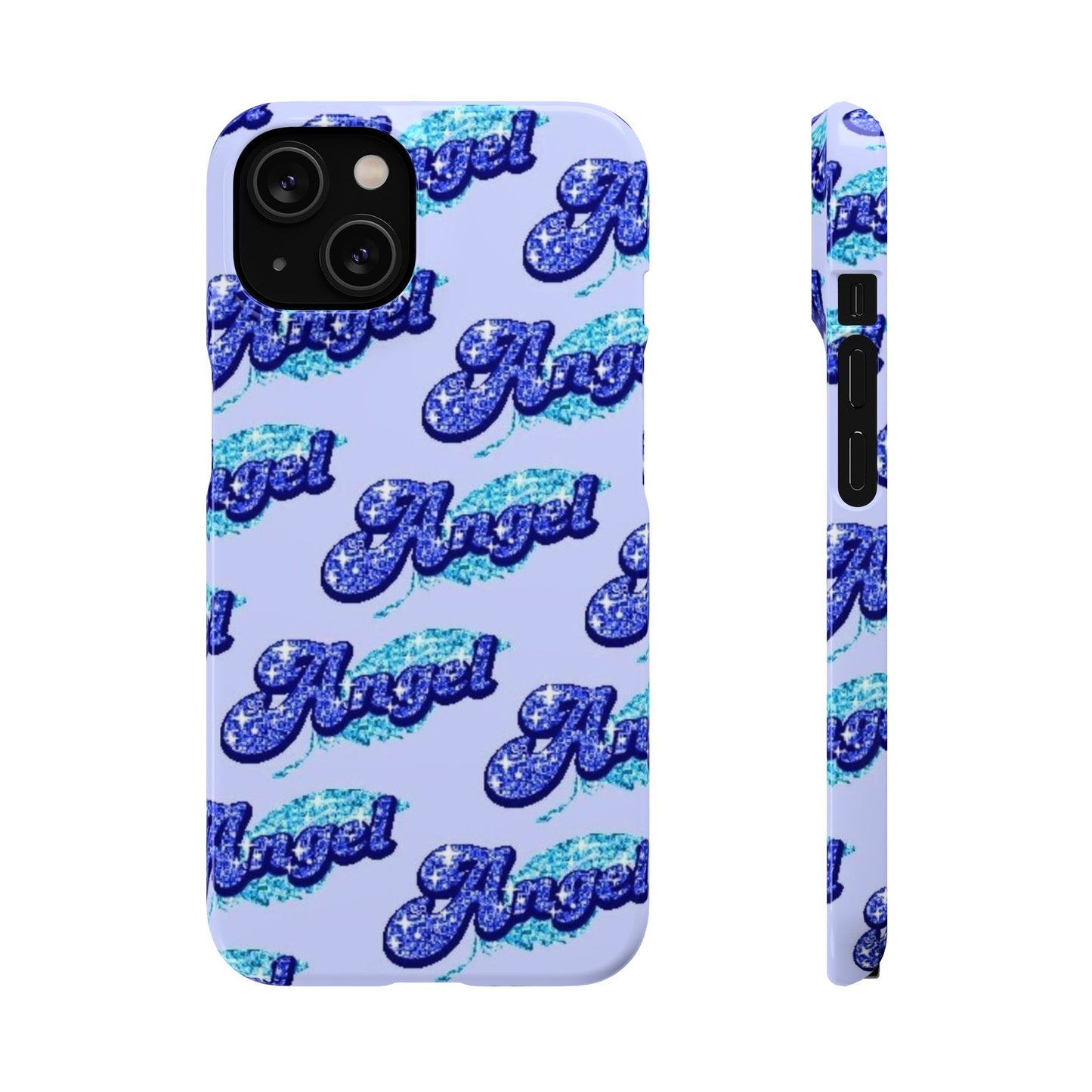 blue 'ANGEL' bubble lettering phone case