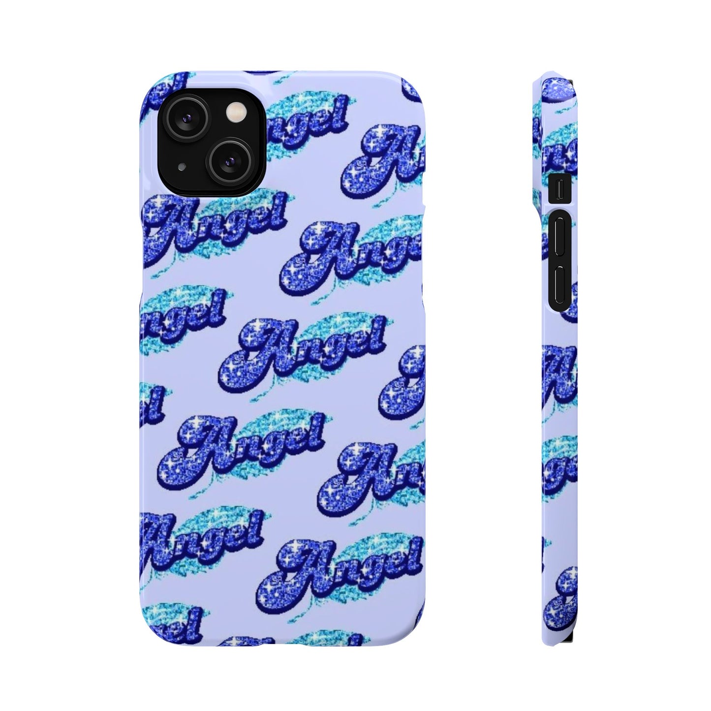 blue 'ANGEL' bubble lettering phone case