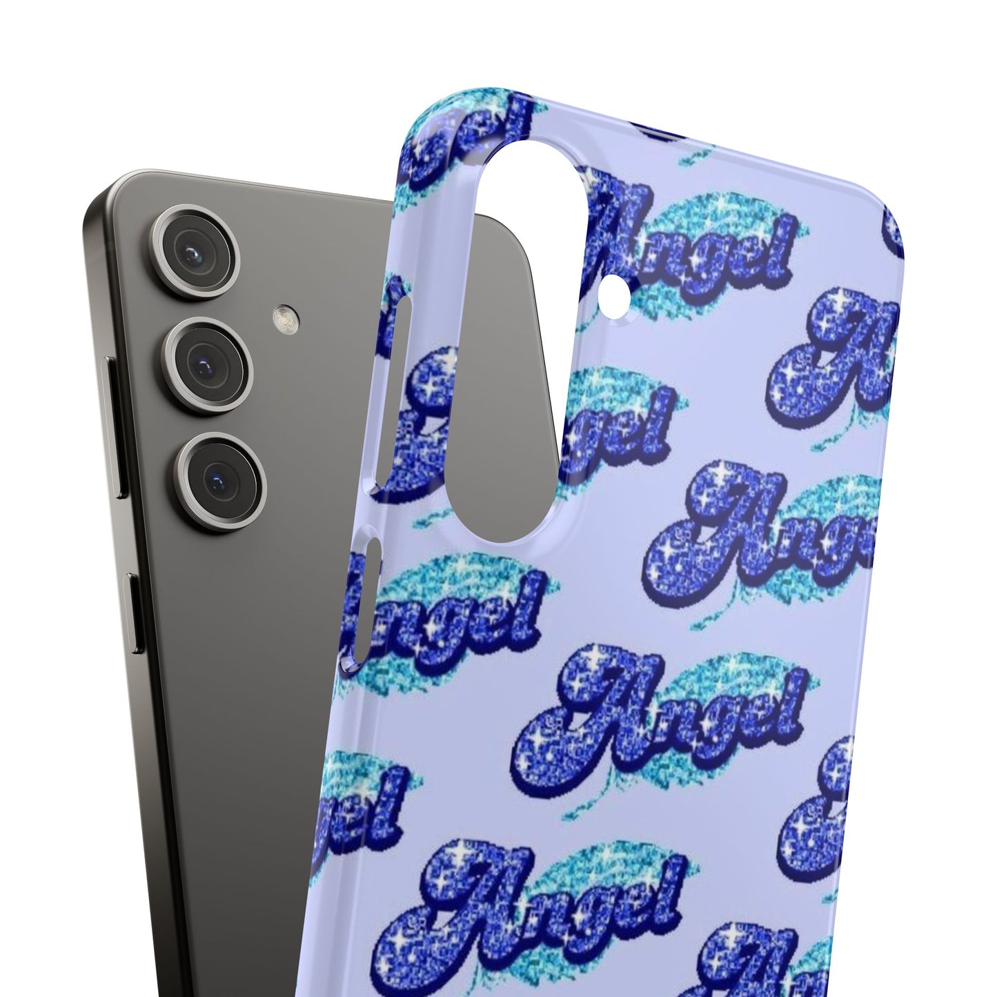 blue 'ANGEL' bubble lettering phone case