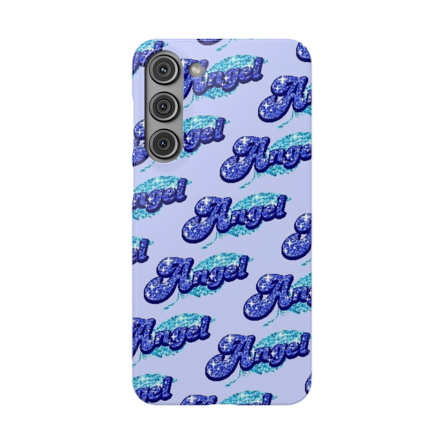 blue 'ANGEL' bubble lettering phone case