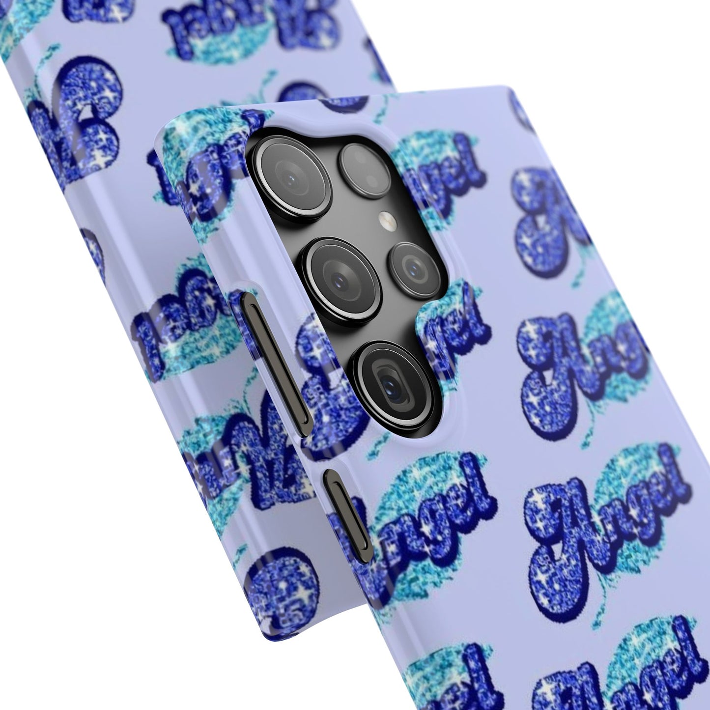 blue 'ANGEL' bubble lettering phone case