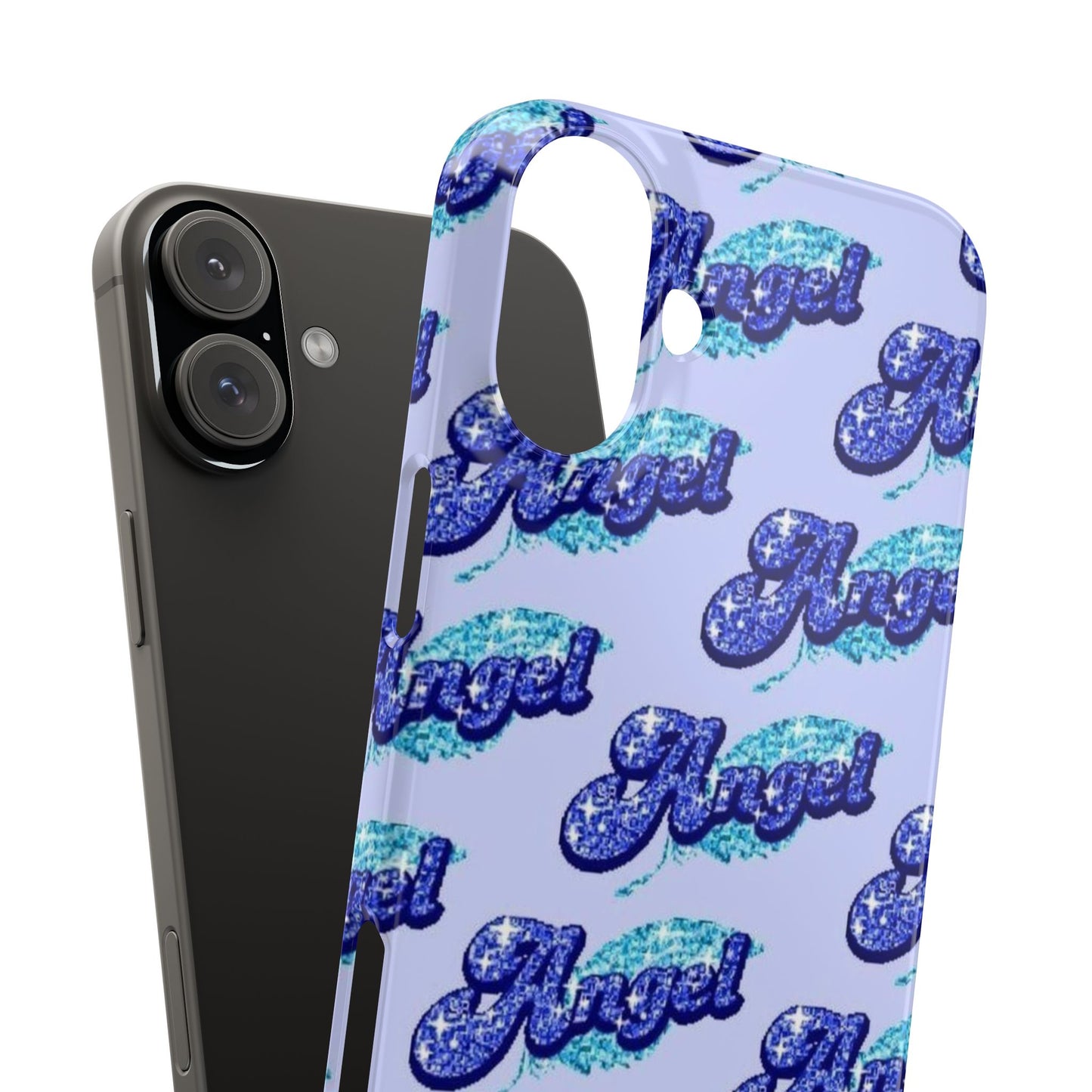 blue 'ANGEL' bubble lettering phone case