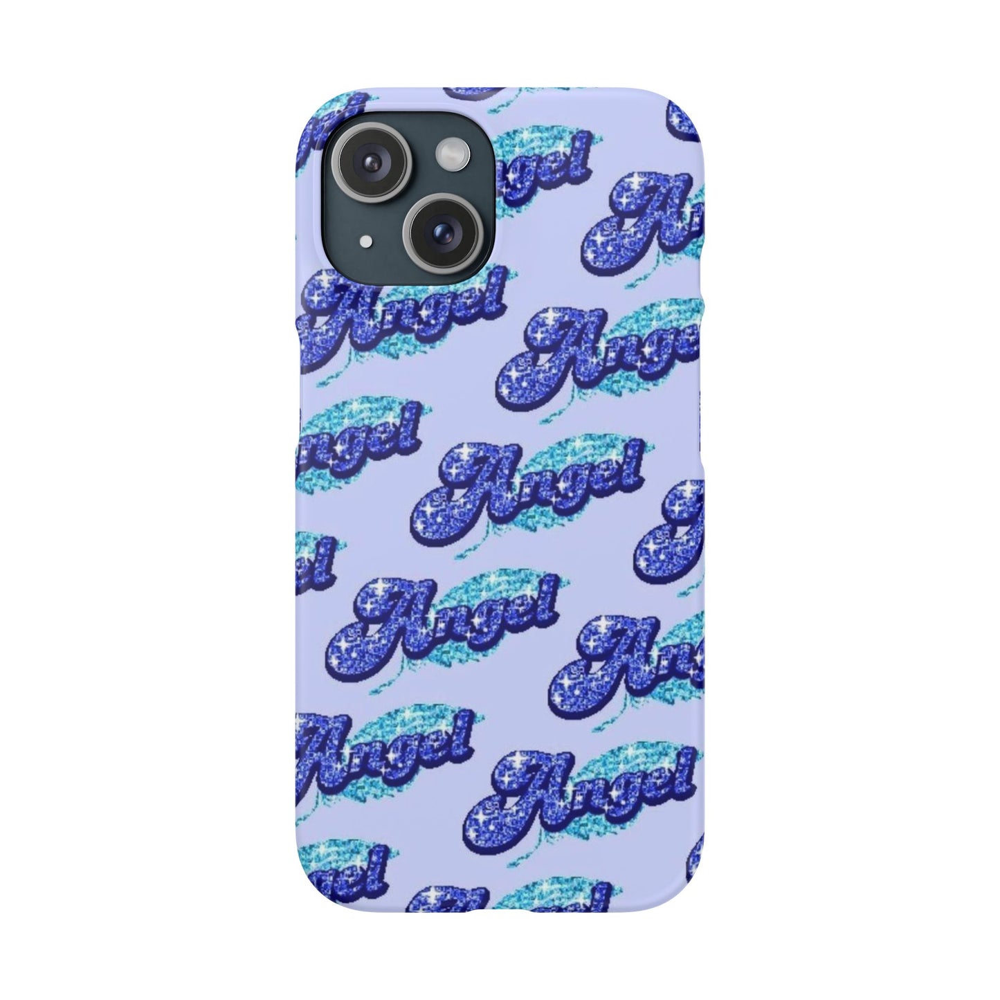 blue 'ANGEL' bubble lettering phone case