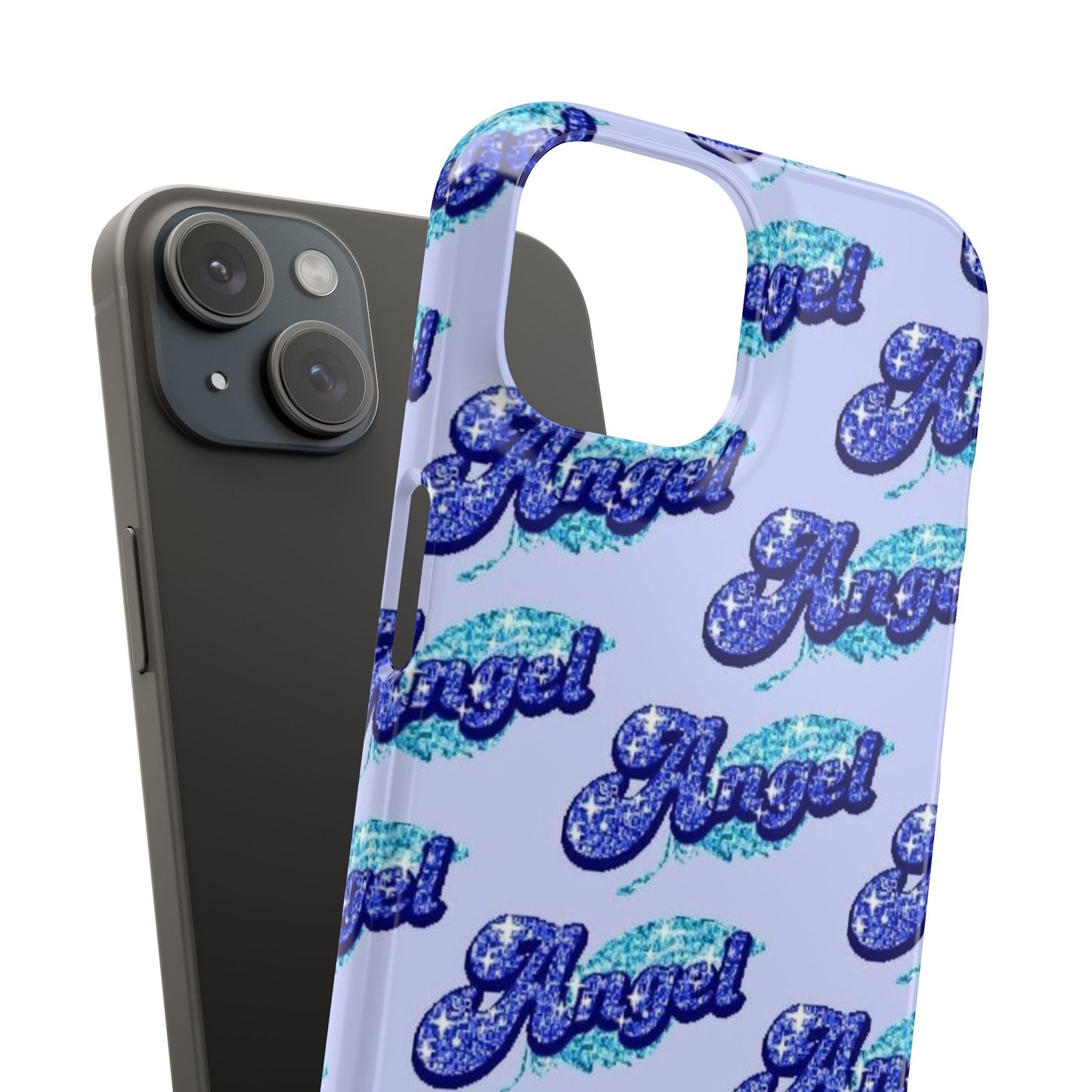 blue 'ANGEL' bubble lettering phone case