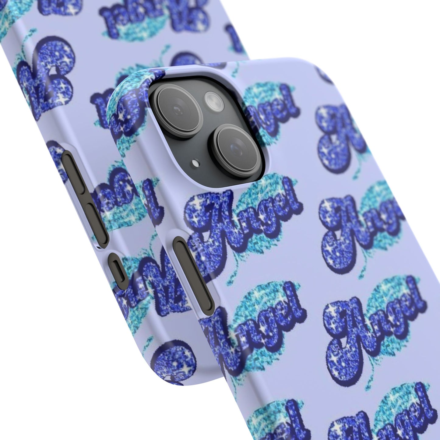 blue 'ANGEL' bubble lettering phone case