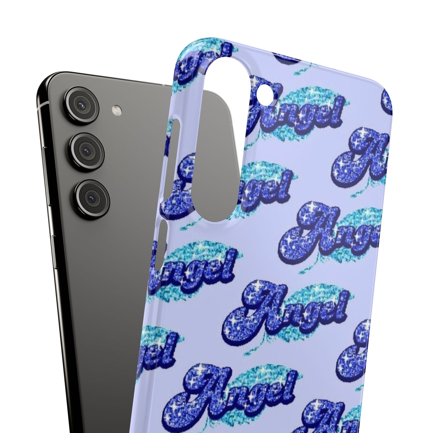 blue 'ANGEL' bubble lettering phone case