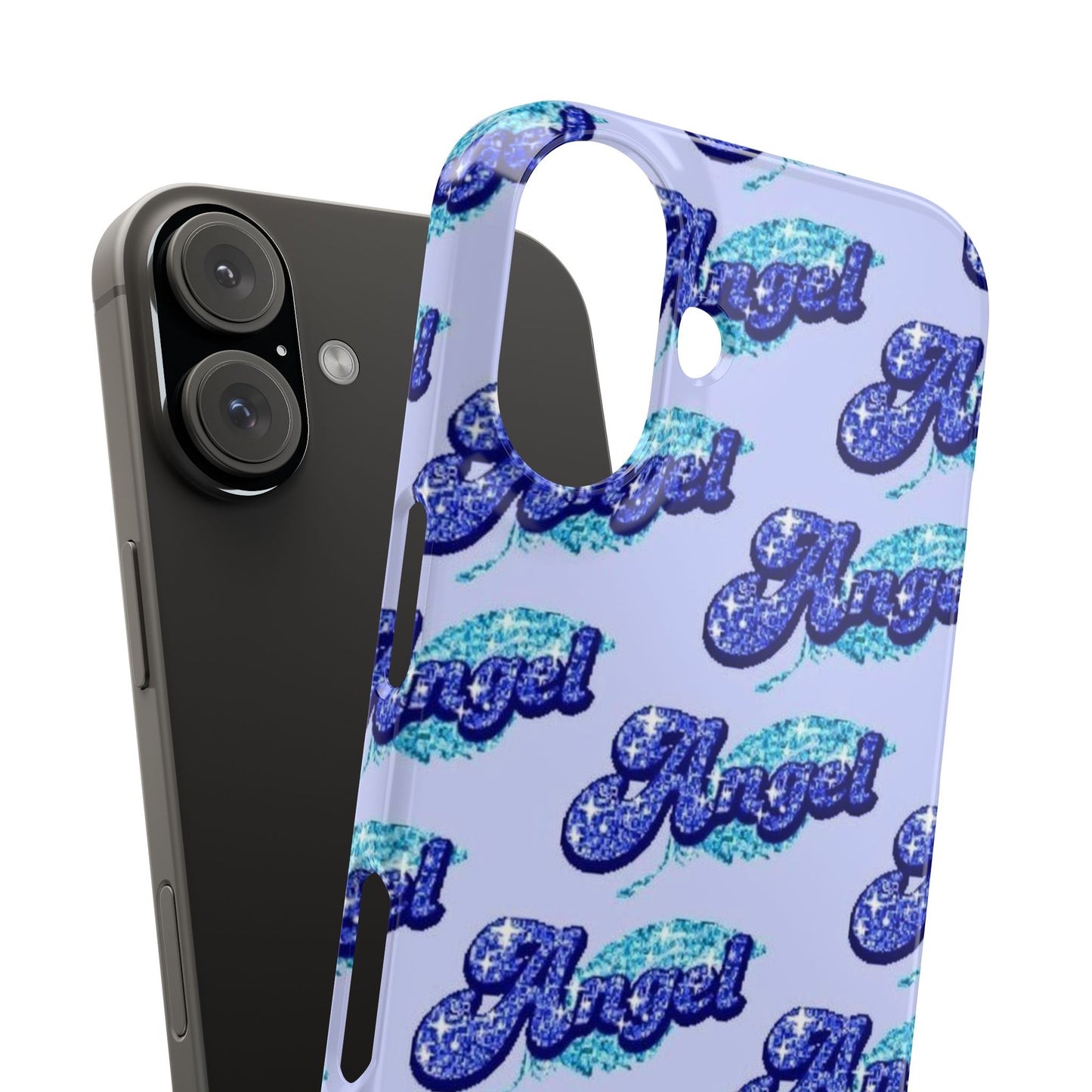 blue 'ANGEL' bubble lettering phone case