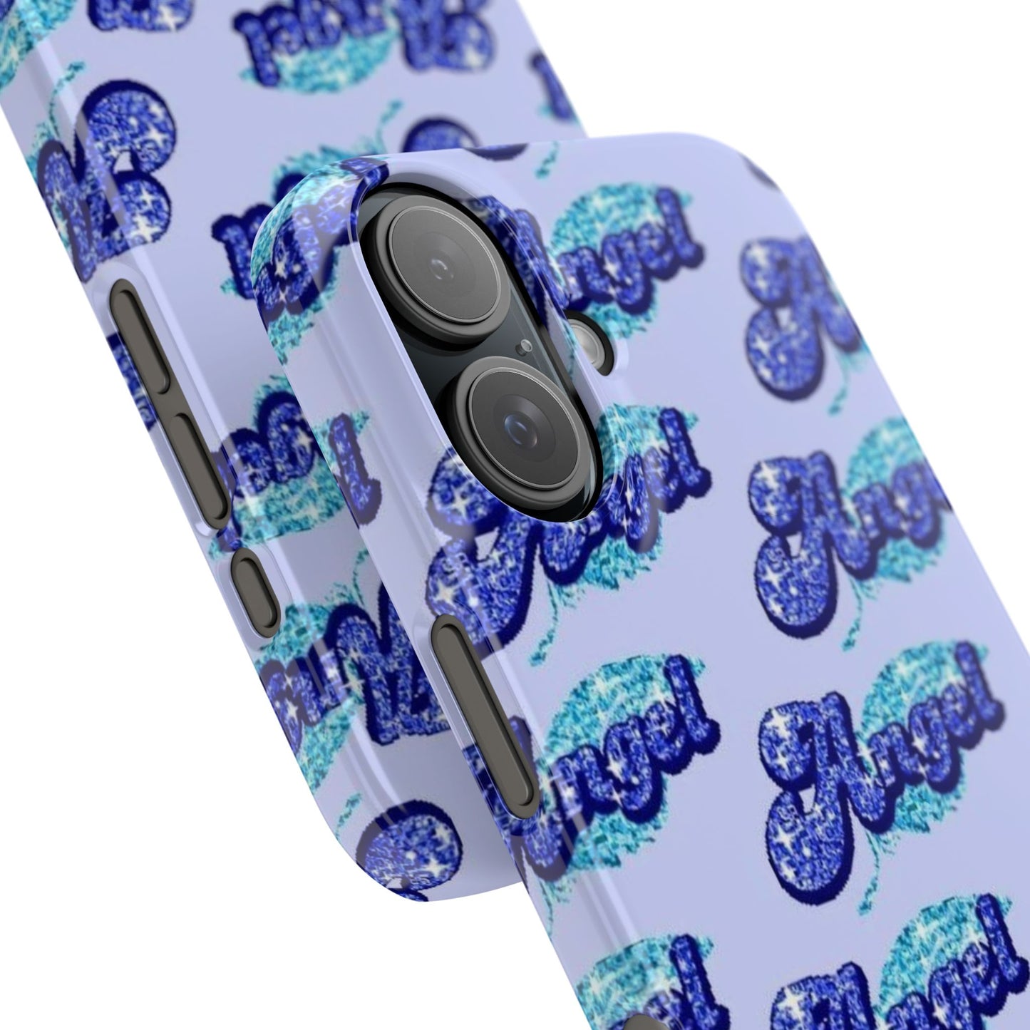 blue 'ANGEL' bubble lettering phone case