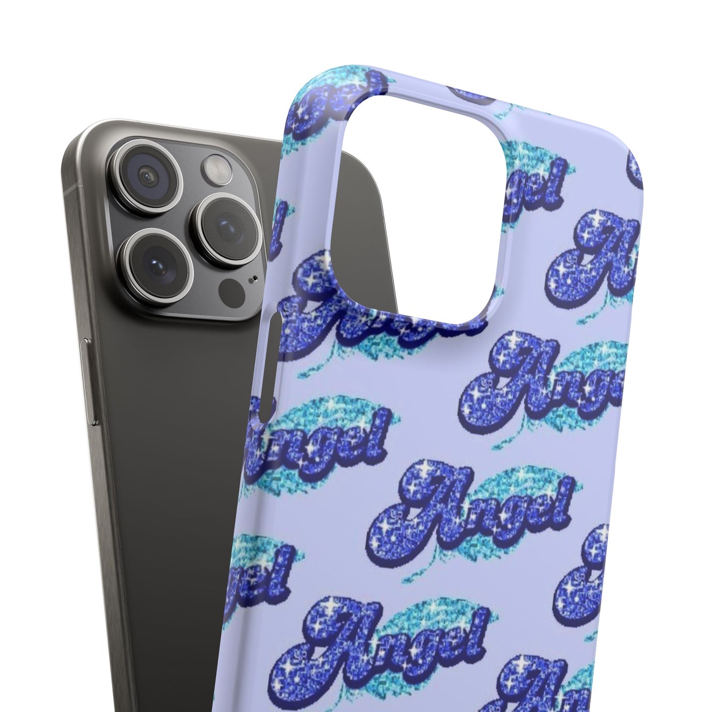 blue 'ANGEL' bubble lettering phone case