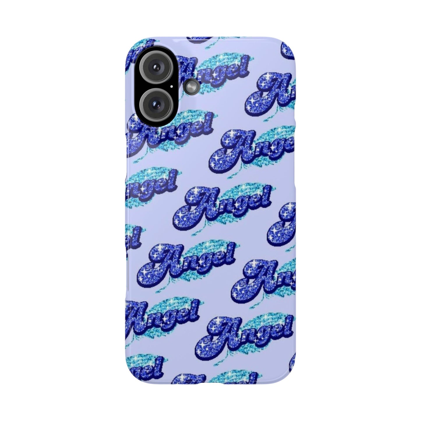 blue 'ANGEL' bubble lettering phone case