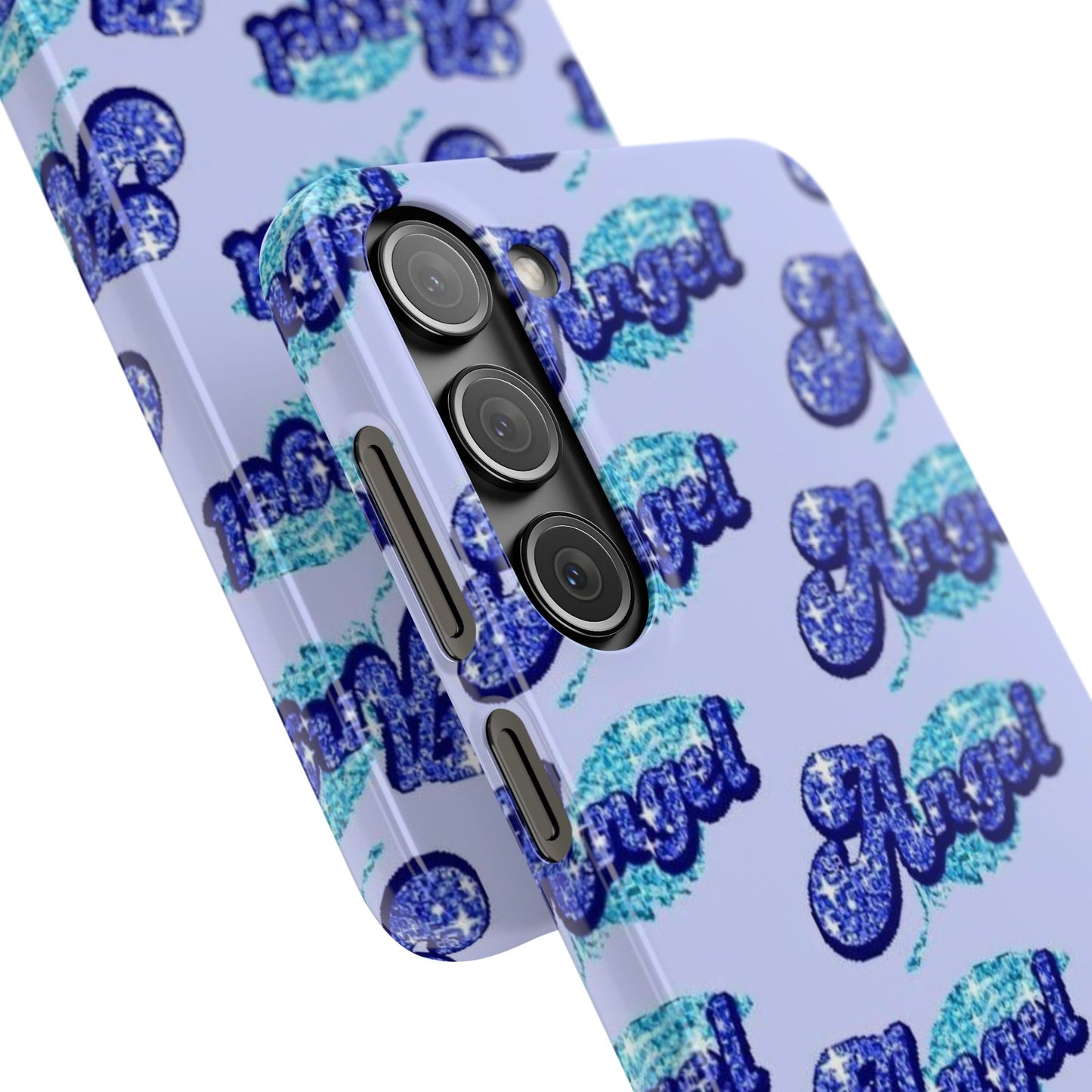 blue 'ANGEL' bubble lettering phone case