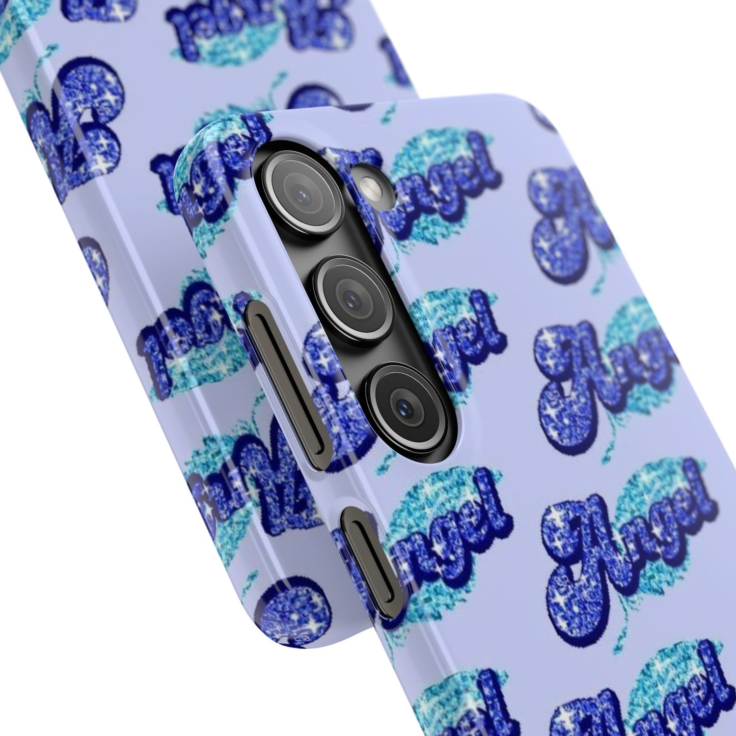 blue 'ANGEL' bubble lettering phone case