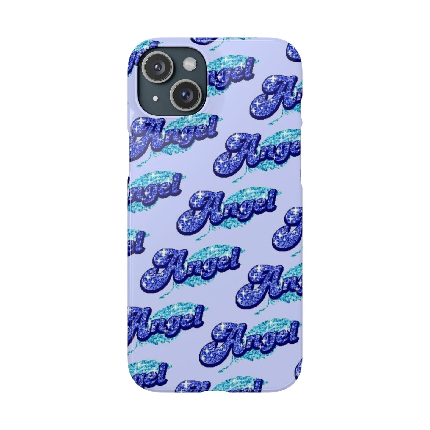 blue 'ANGEL' bubble lettering phone case