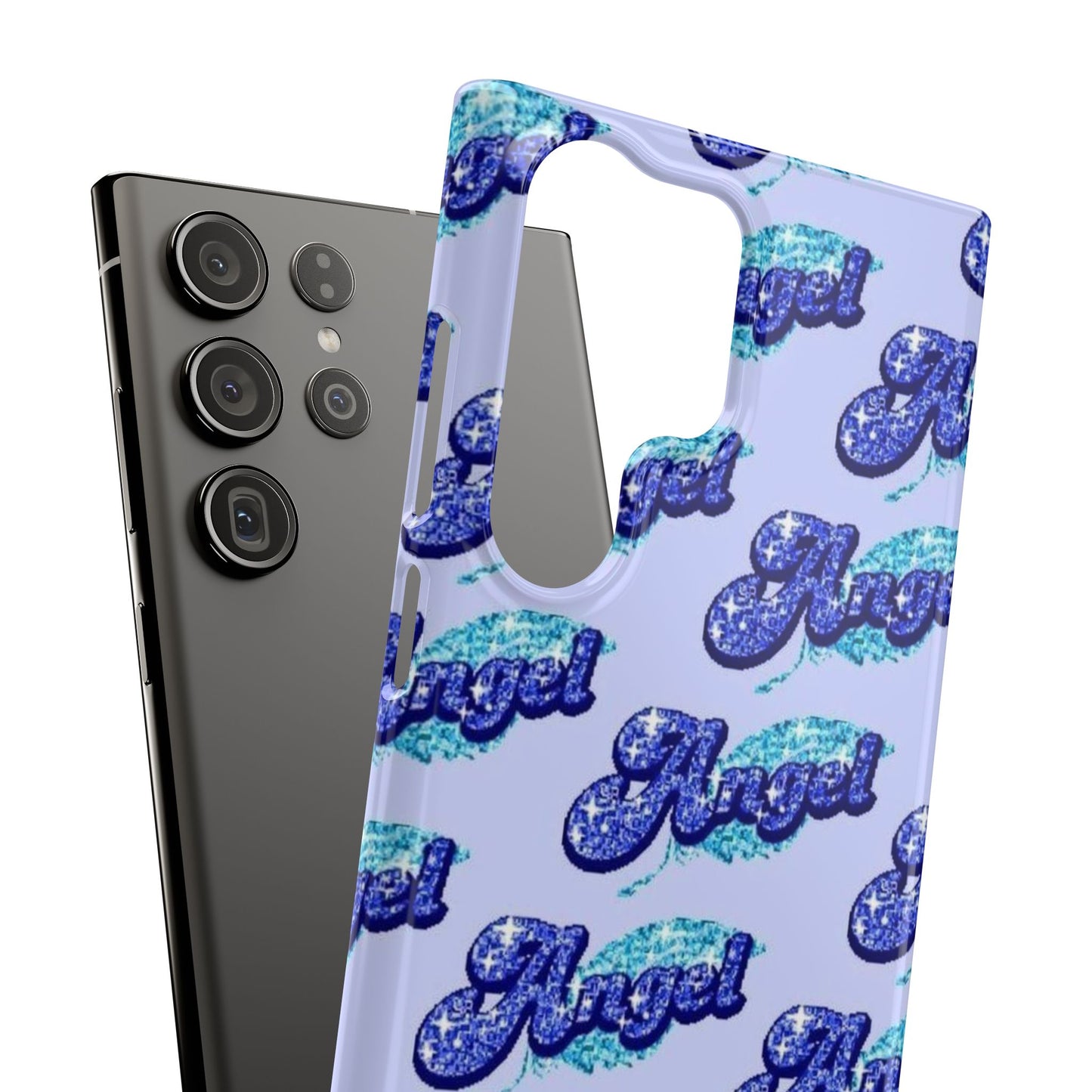 blue 'ANGEL' bubble lettering phone case