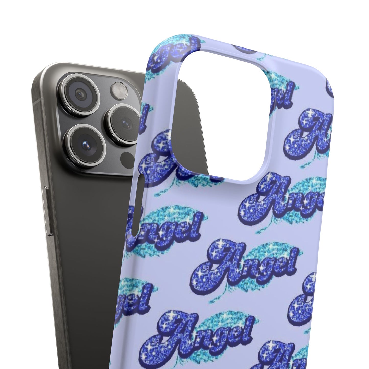 blue 'ANGEL' bubble lettering phone case