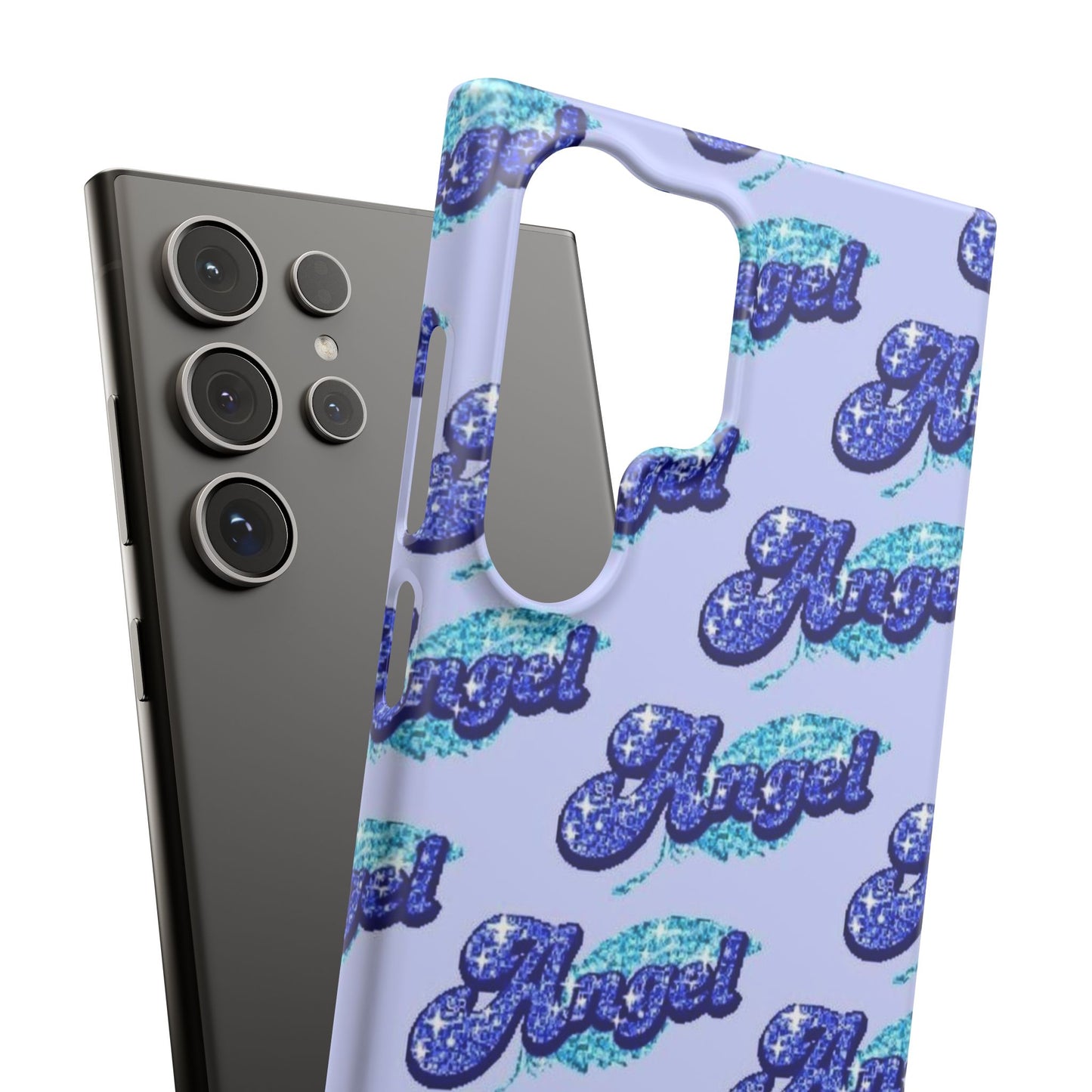 blue 'ANGEL' bubble lettering phone case