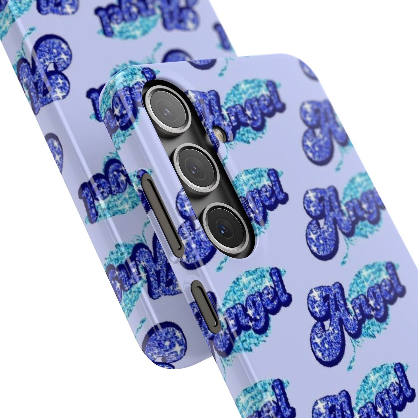 blue 'ANGEL' bubble lettering phone case