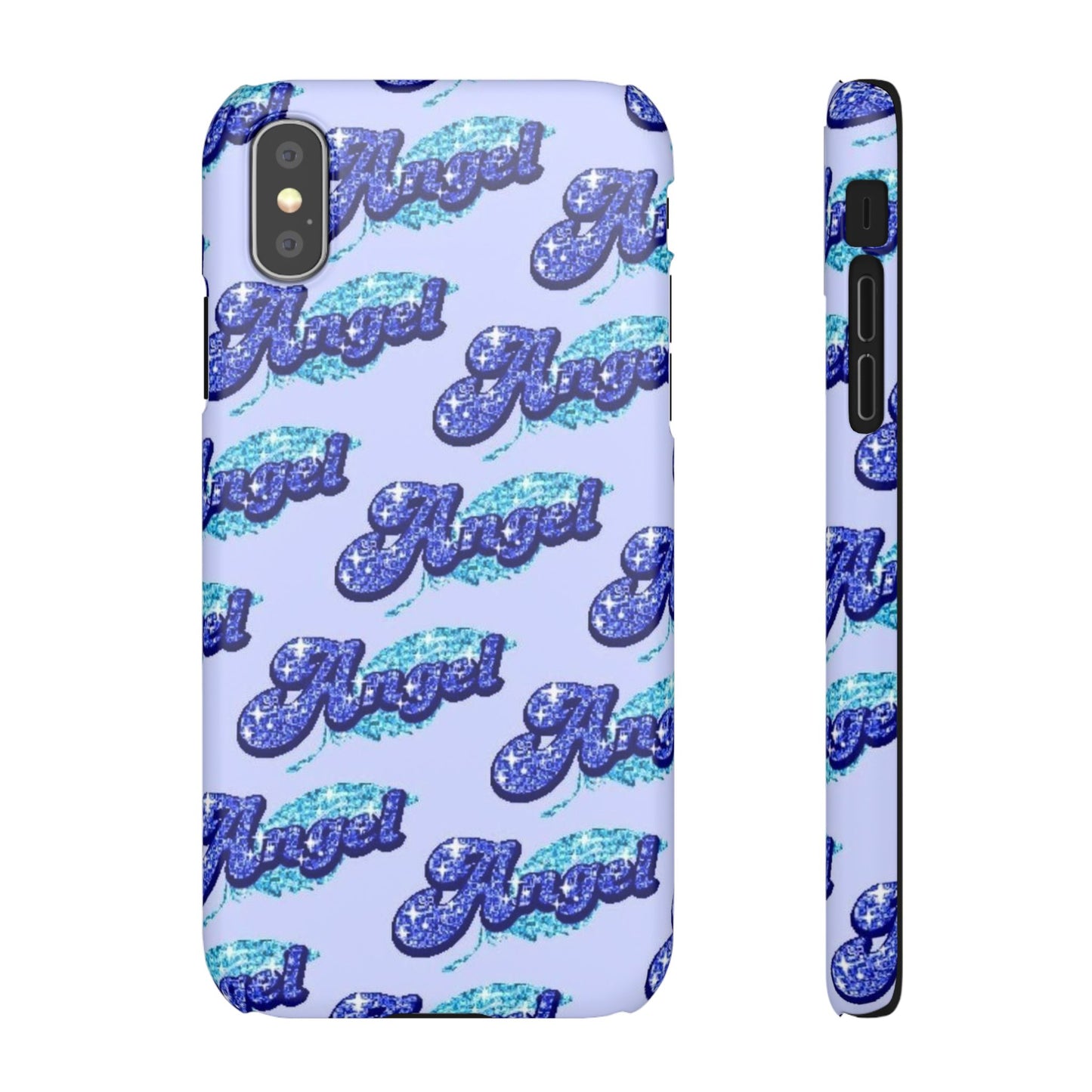 blue 'ANGEL' bubble lettering phone case