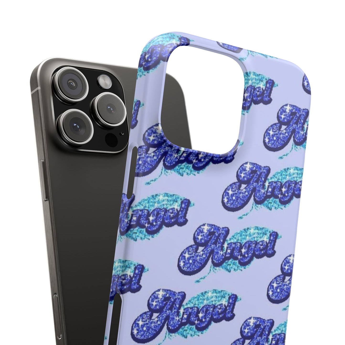 blue 'ANGEL' bubble lettering phone case