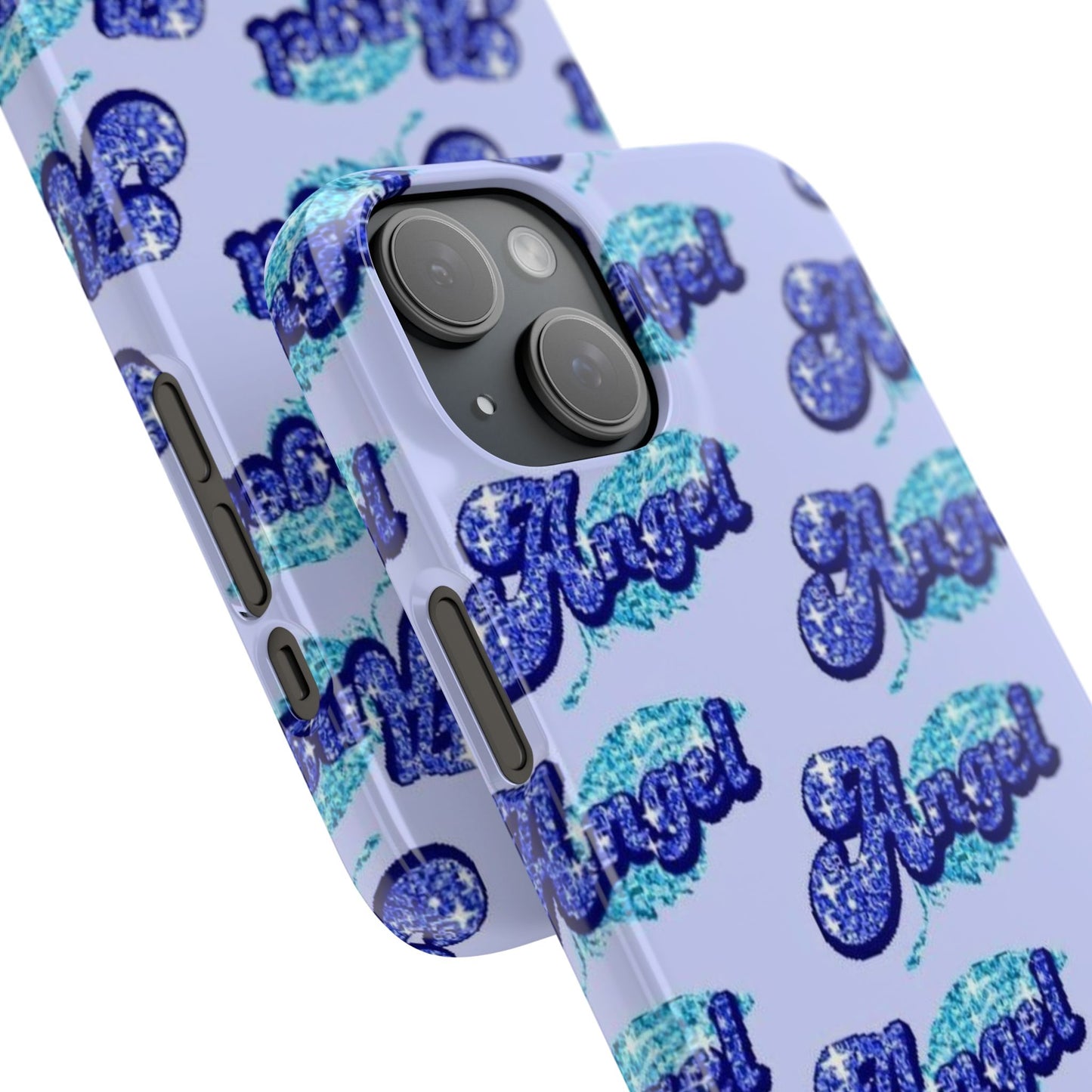 blue 'ANGEL' bubble lettering phone case