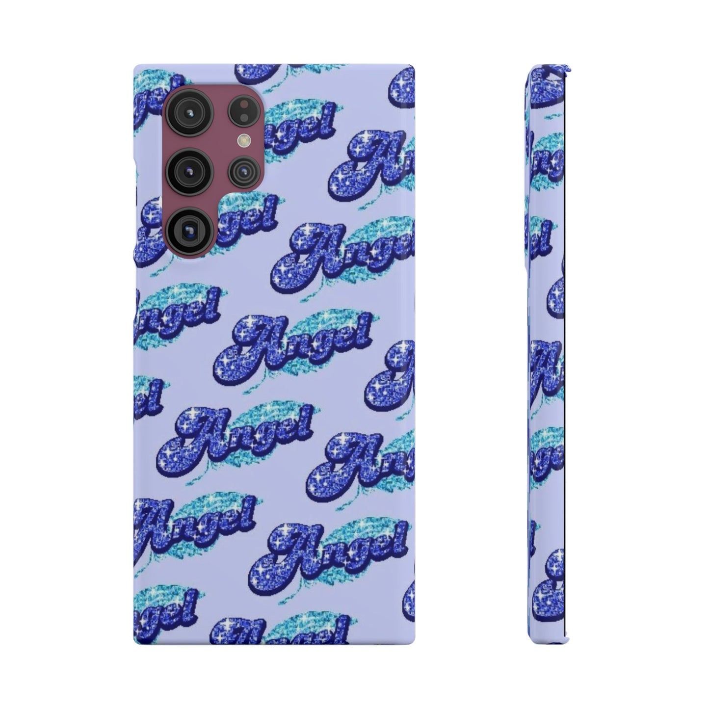 blue 'ANGEL' bubble lettering phone case