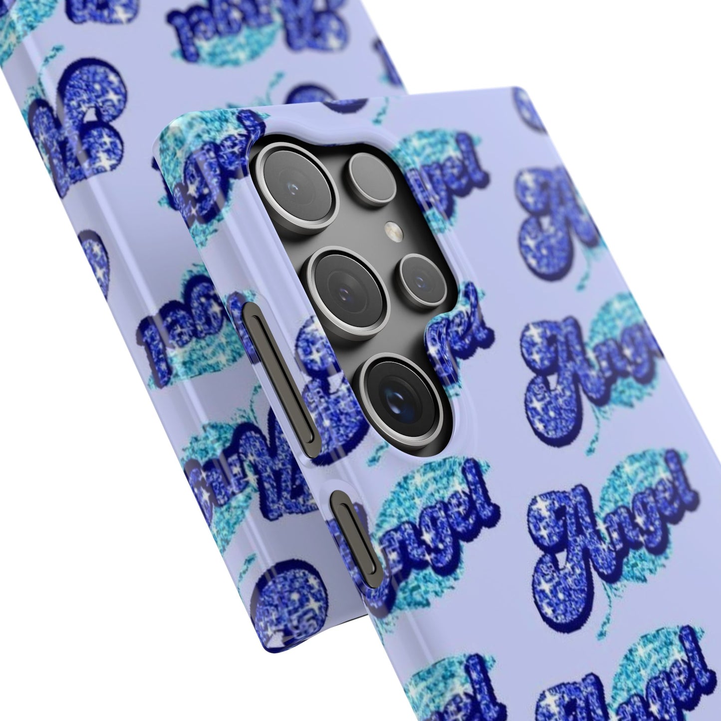 blue 'ANGEL' bubble lettering phone case