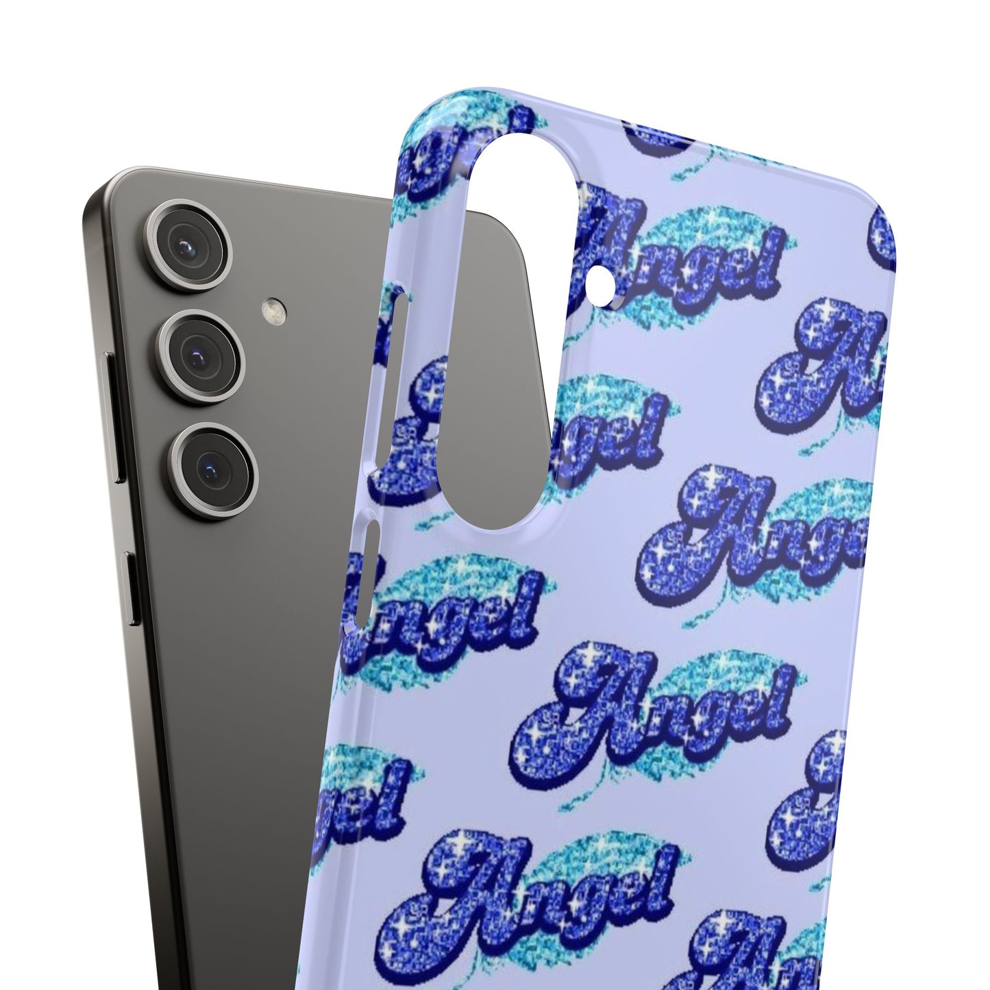 blue 'ANGEL' bubble lettering phone case