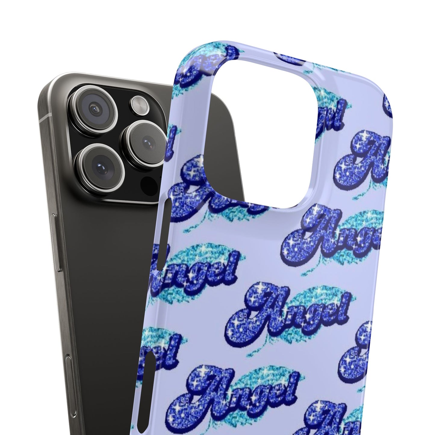 blue 'ANGEL' bubble lettering phone case