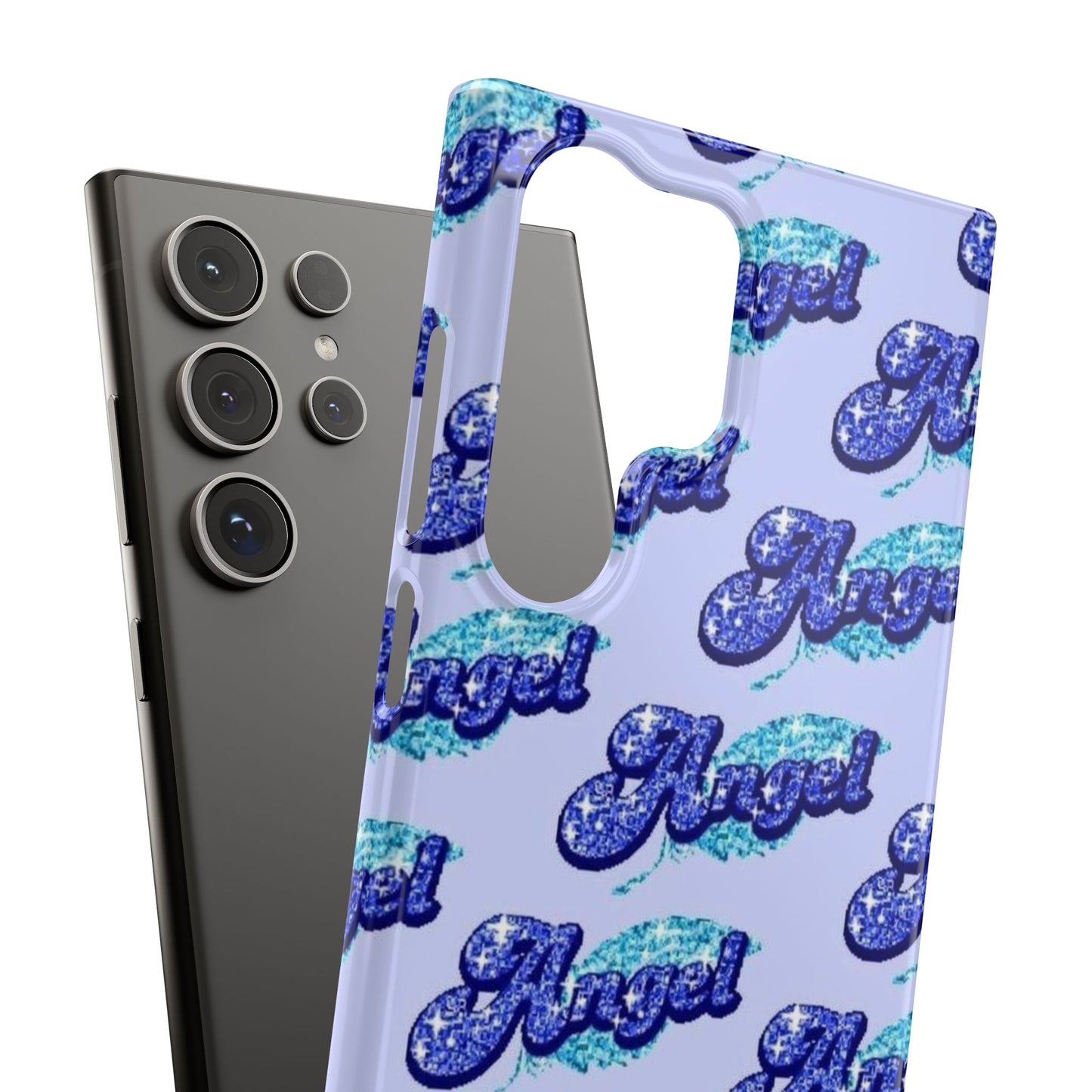 blue 'ANGEL' bubble lettering phone case