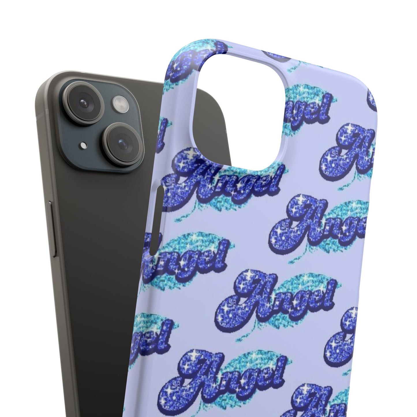 blue 'ANGEL' bubble lettering phone case