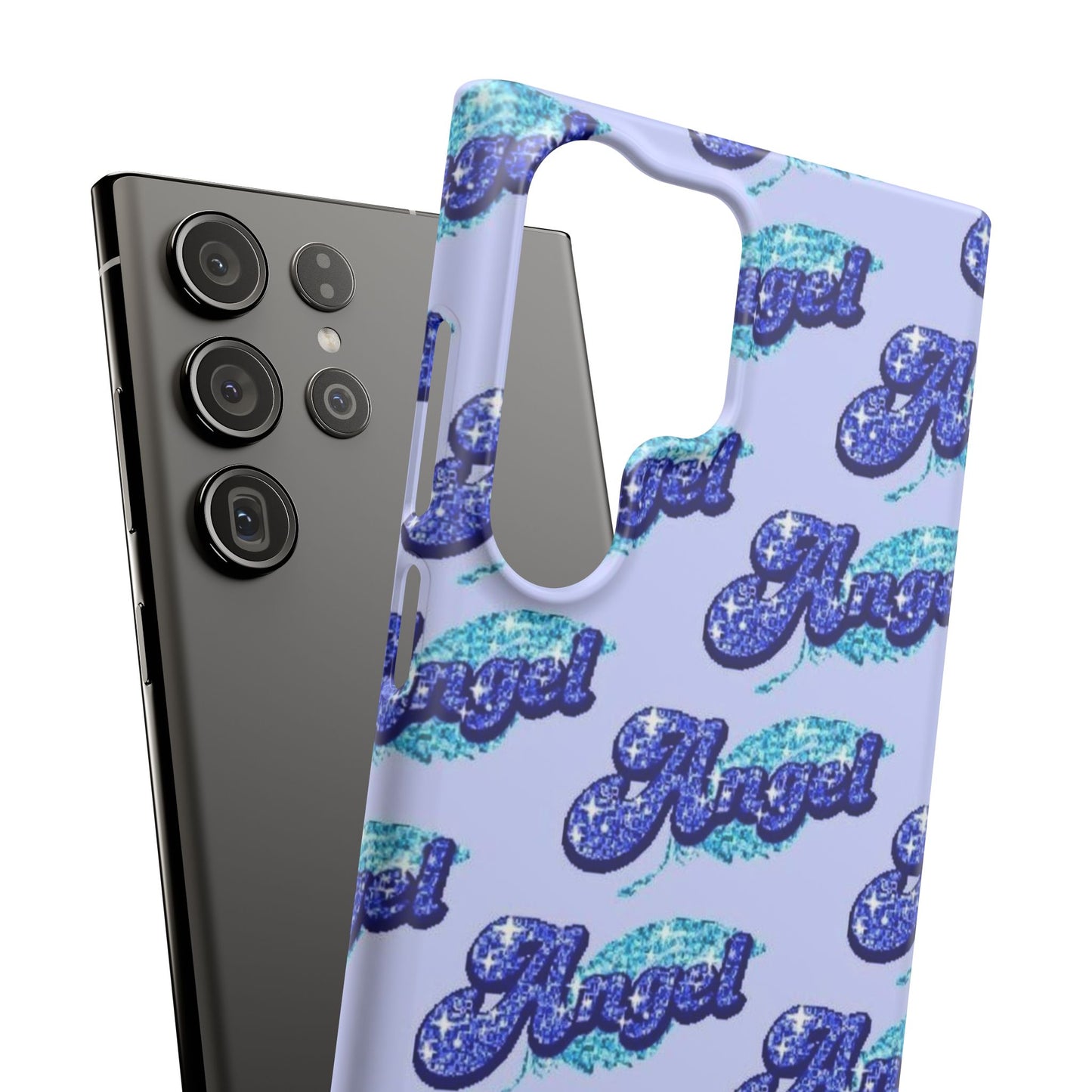 blue 'ANGEL' bubble lettering phone case