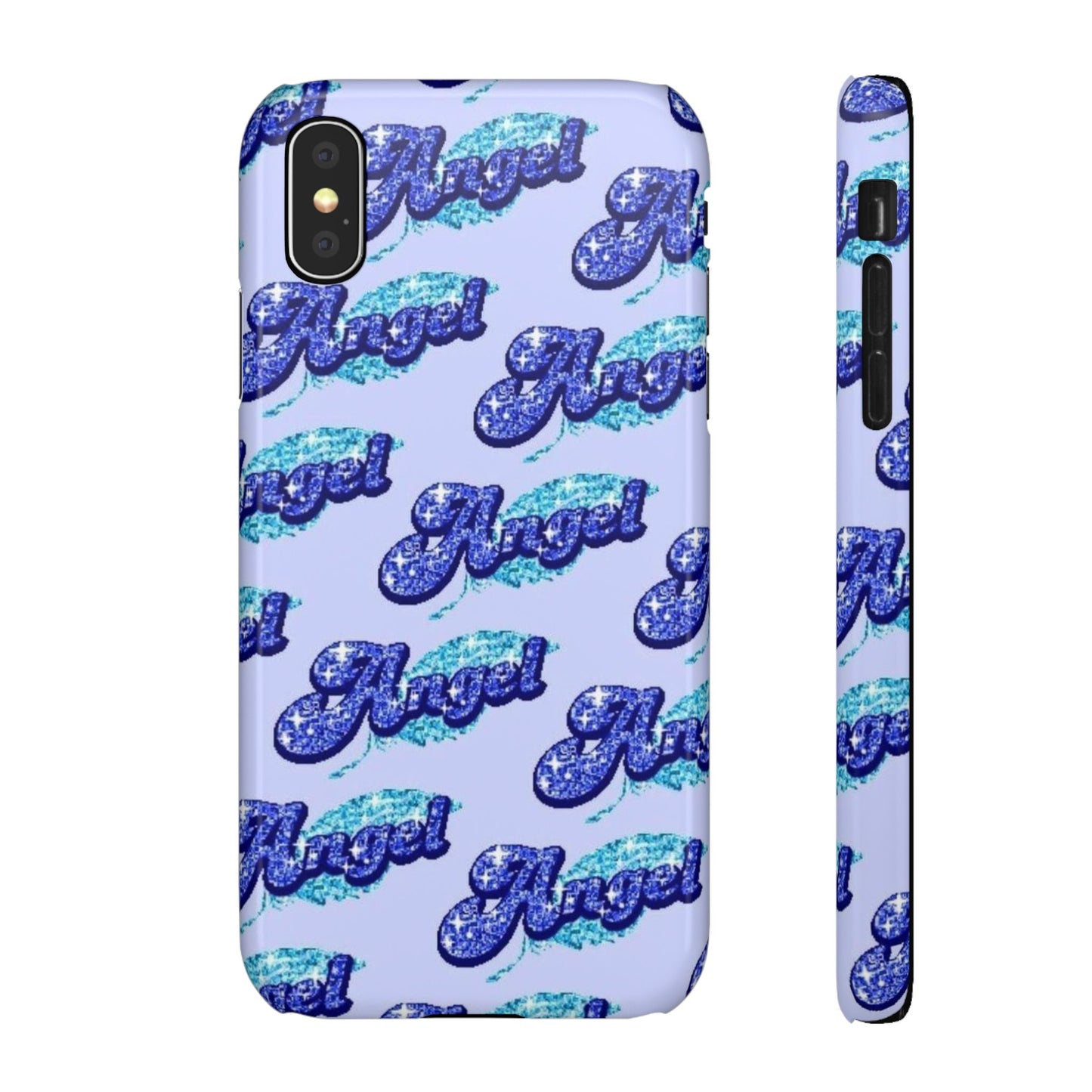 blue 'ANGEL' bubble lettering phone case