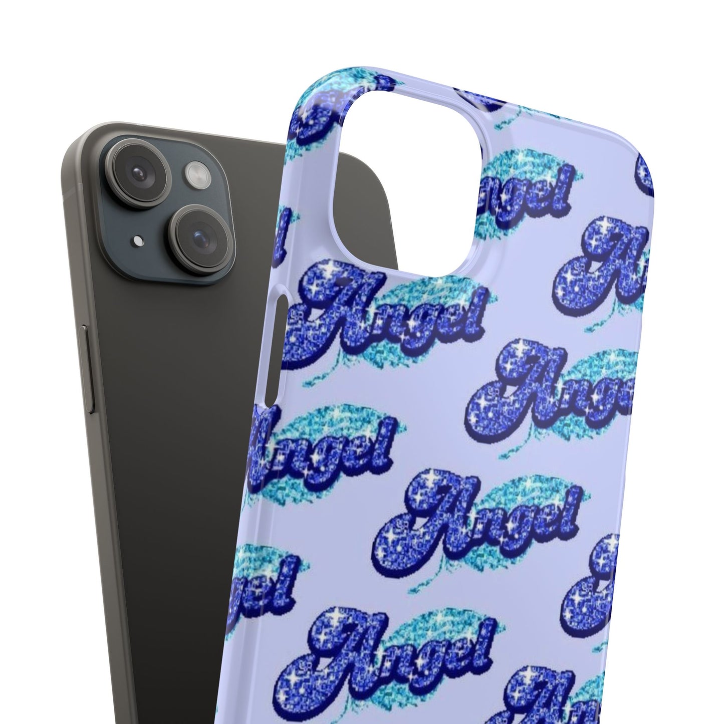 blue 'ANGEL' bubble lettering phone case